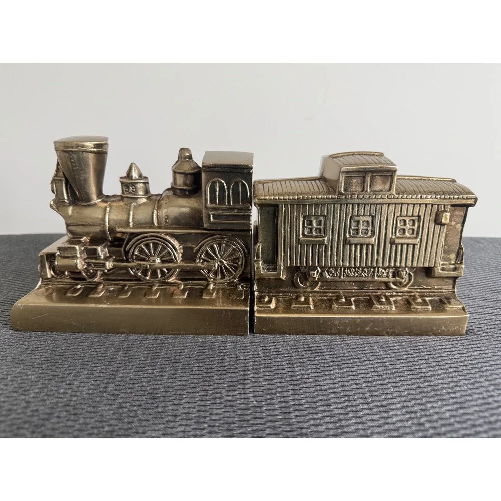 Vintage Solid Brass Metal Train Bookends Steam Locomotive and Caboose Set